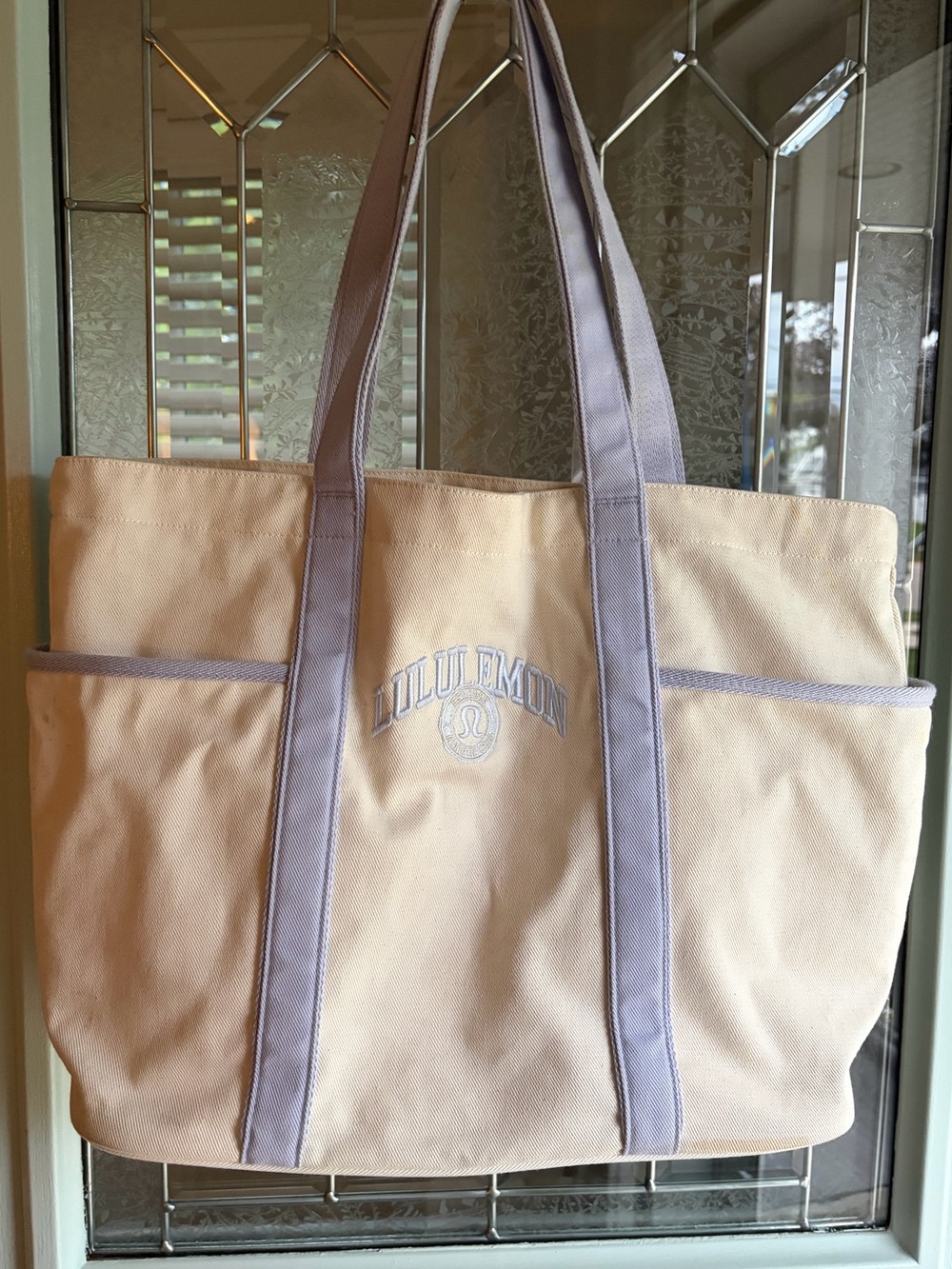 44. LULULEMON Cream + Purple Canvas Tote